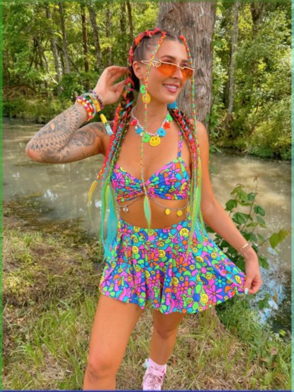 iHeartRaves Retro 70s Neon Groovy Smiley Flower Rave Bra Top with charm S